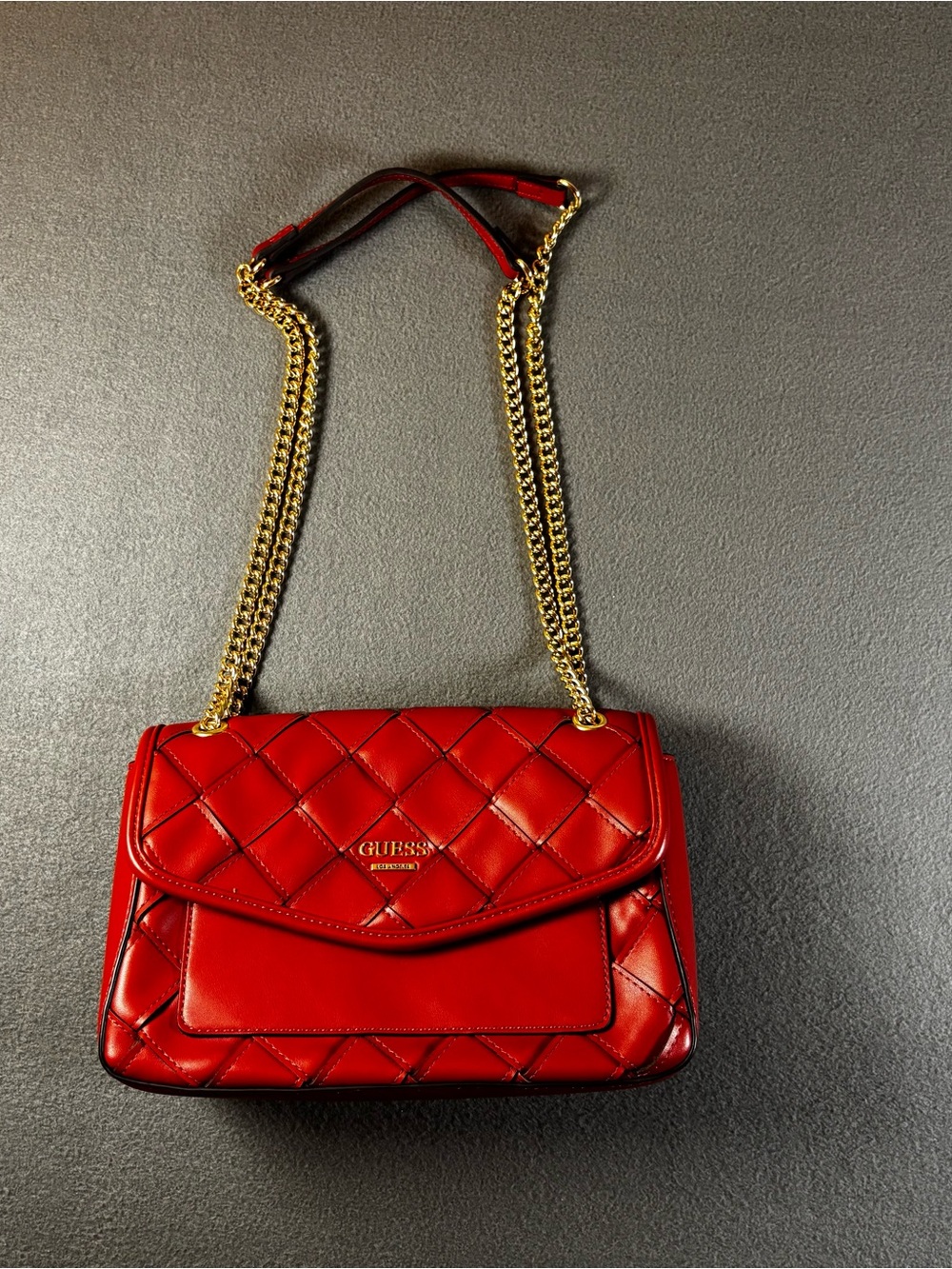 GUESS Red Quilted Shoulder and Crossbody Bag with Gold Chain Strap